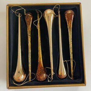 6 Golden Mouth Blown Glass Hand Painted Long Ornaments​​​​